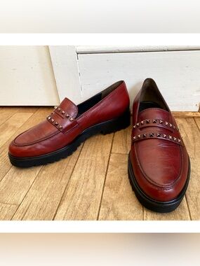 Paul Green Burgundy Leather Studded Loafers Lug Soles US 7.5 / UK 5 Classic Prep